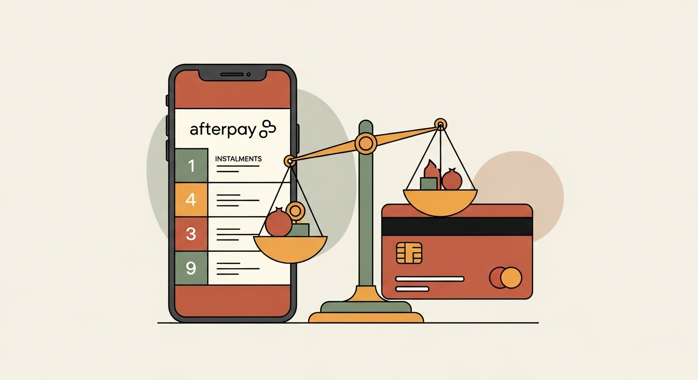 Illustration of a buy-now-pay-later card vs a credit card on a balance scale