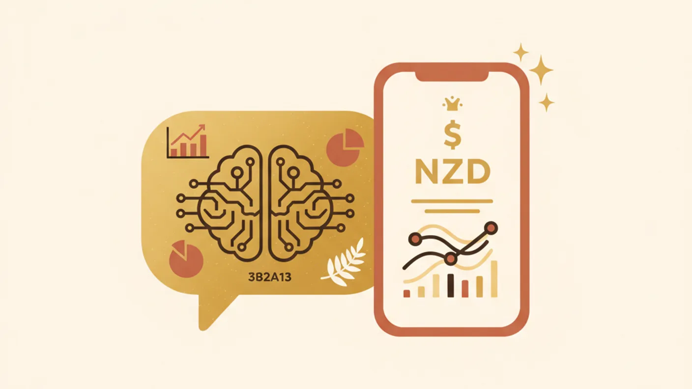 Illustration of a friendly AI assistant character helping with NZ finance icons