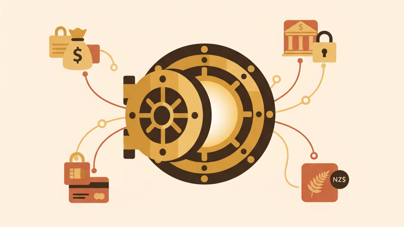 Illustration of a secure bank-data connection diagram with the Akahu name represented abstractly