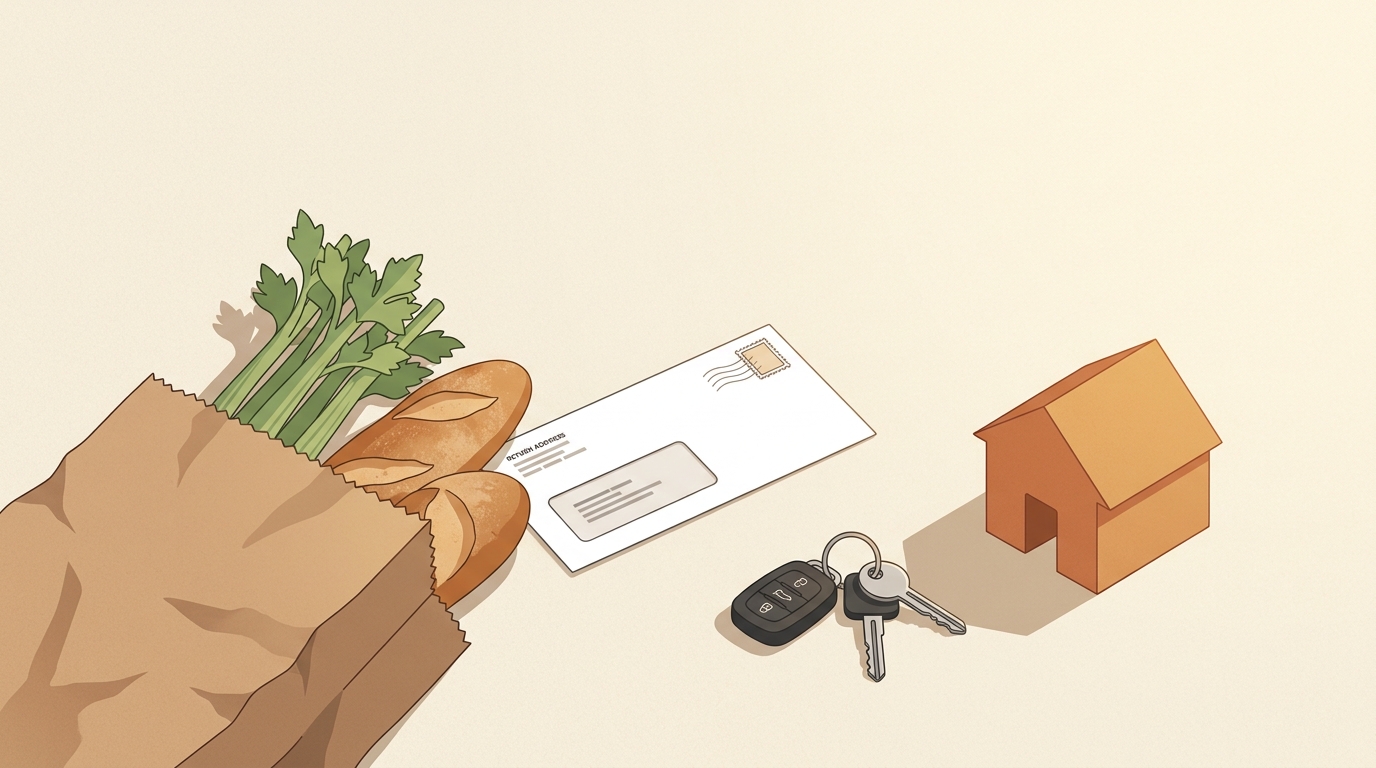 Top-down still life of a brown grocery bag, power bill envelope, car keys and small house figurine on a cream surface