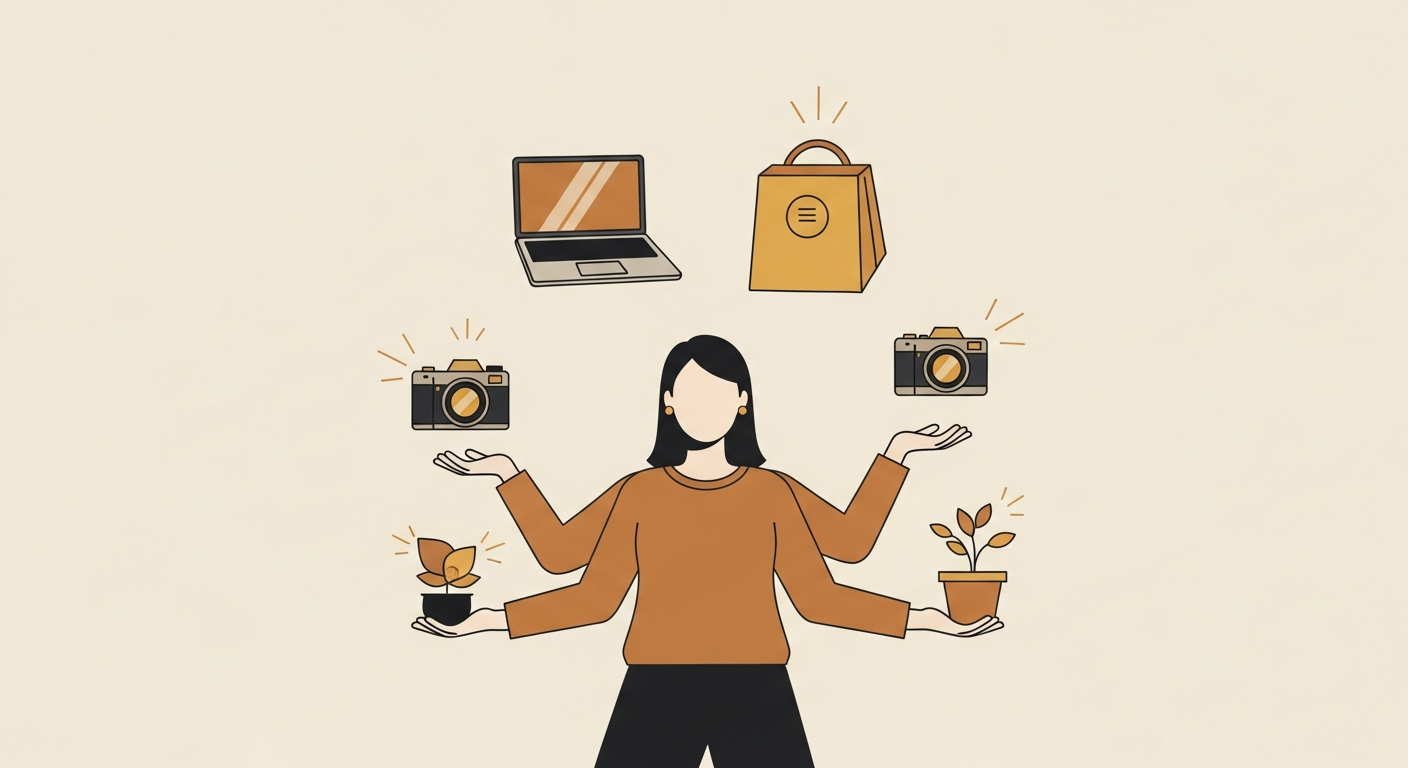 Illustration of a Kiwi juggling a laptop, a delivery bag, and a paint roller as side-hustle props