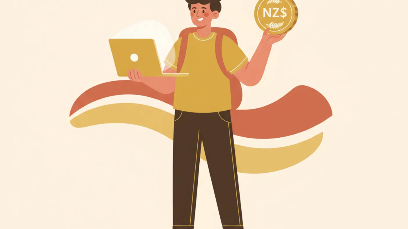 Illustration of a NZ student with textbooks, a coffee, and a small budget calendar