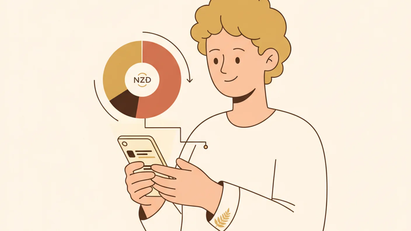 Illustration of a phone showing transactions auto-categorising into colourful spending buckets