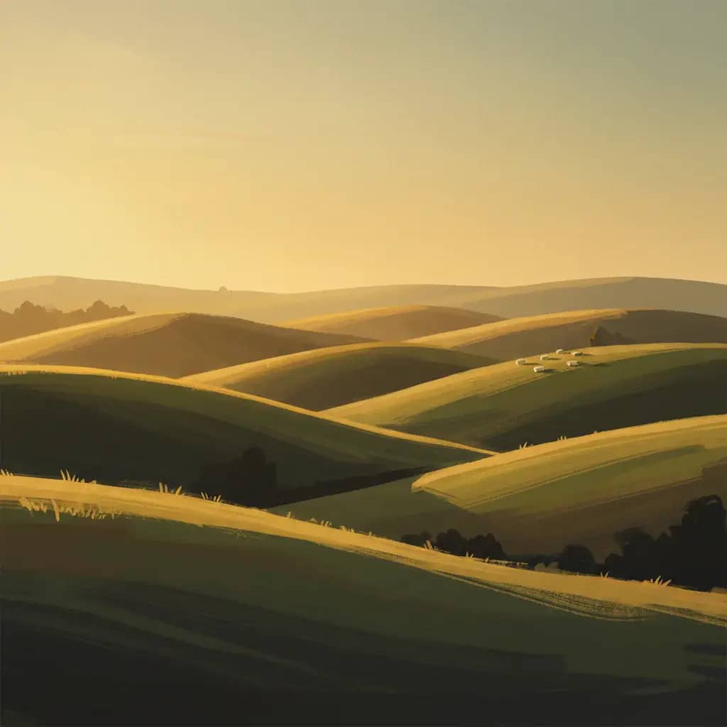 New Zealand farmland at golden hour, stylised painterly illustration