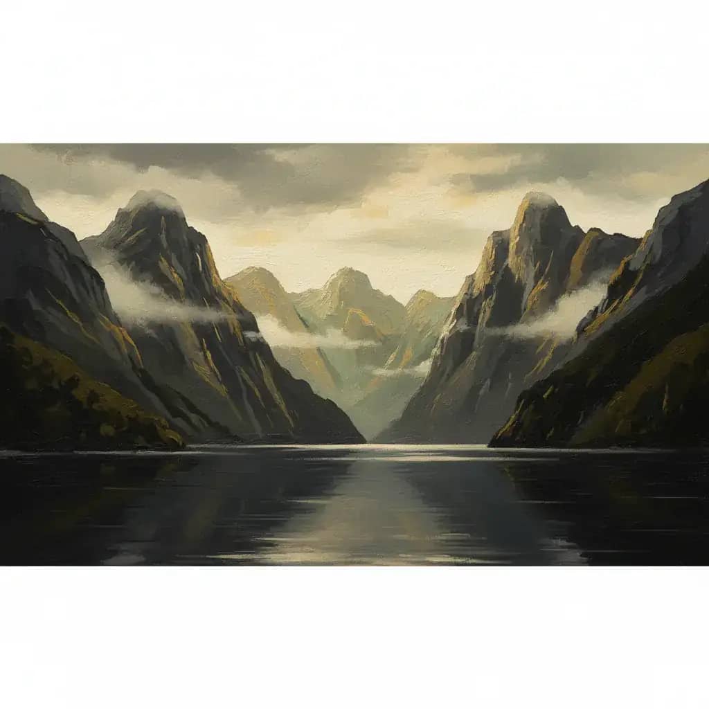 Milford Sound, New Zealand, stylised painterly illustration