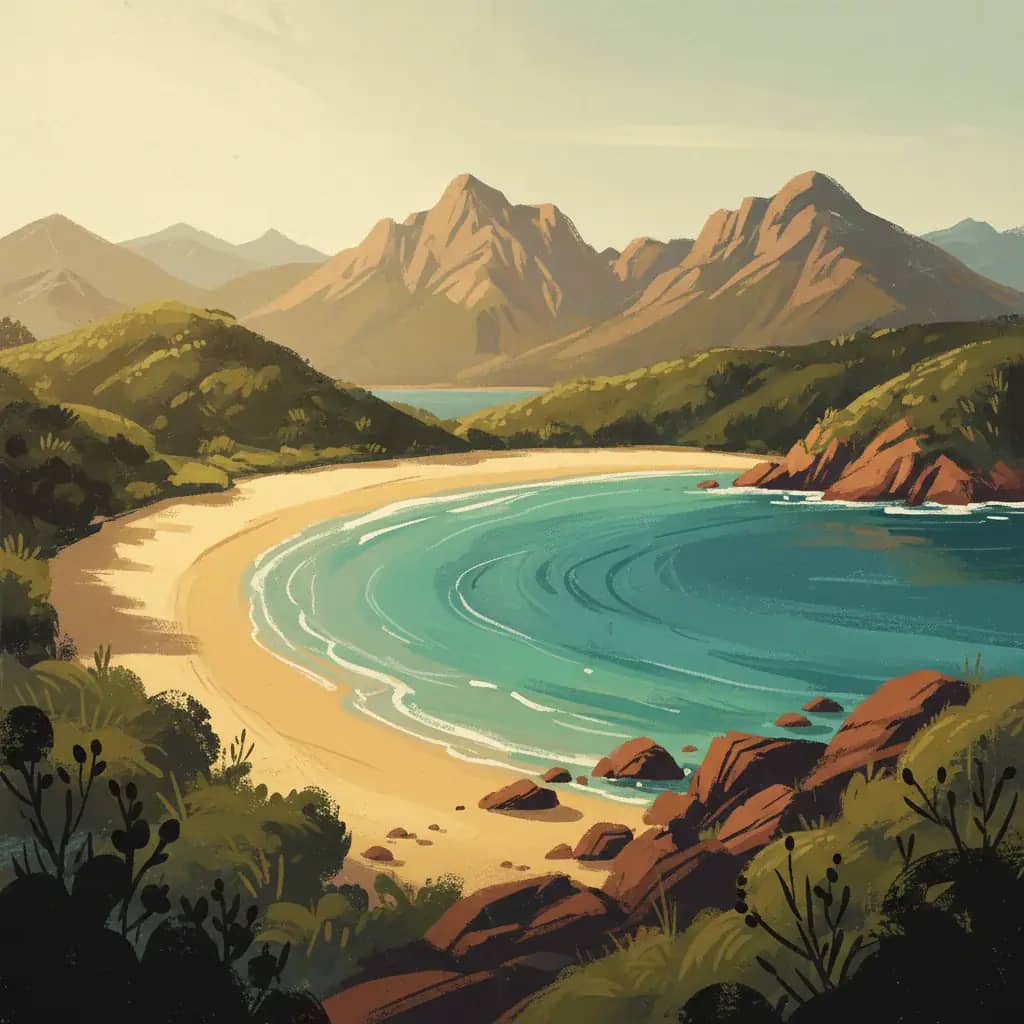 Abel Tasman coast, New Zealand, stylised painterly illustration
