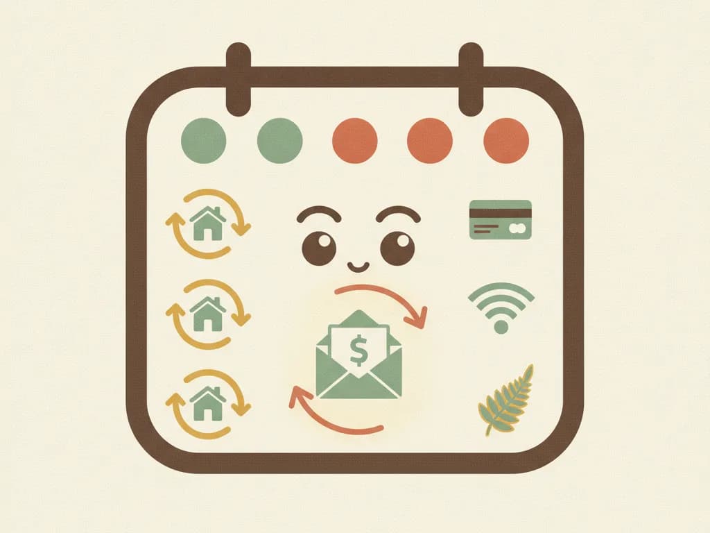 A calendar with recurring bills, one flagged as a caught surprise